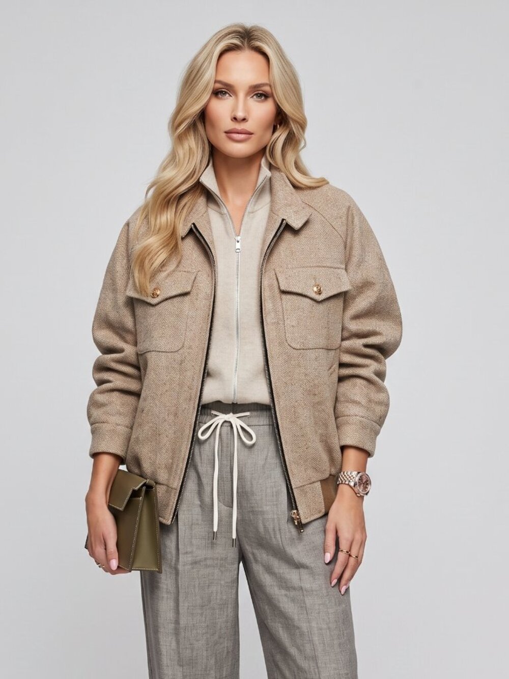 Women's Taupe Herringbone Jacket Stand Collar Flap Pocket Retro Commute